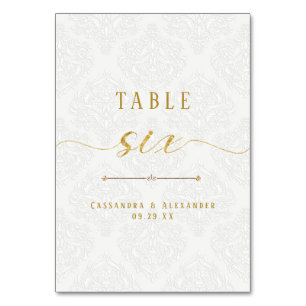 Elegantes Script White Lace Gold 6 Six Wedding Tischnummer