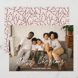Elegantes Script Winterberry Pattern Family Foto Feiertagskarte