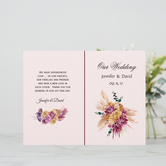 Elegantes Scroll & Hearts Hochzeitsprogramm (Stehend Vorderseite)