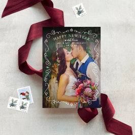 Elegantes Scrolls Happy New Year Burgundy Foto Feiertagskarte