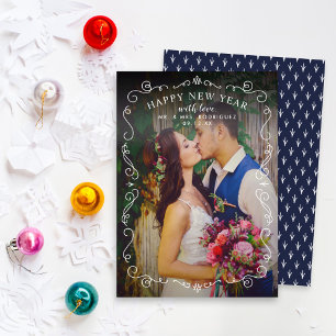 Elegantes Scrolls Happy New Year Navy Blue Foto Feiertagskarte