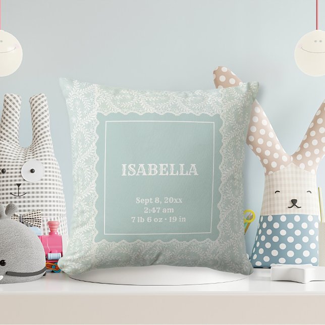 Elegantes Seafoam Green Imitats Lace Boy Girl Kind Kissen (newborn baby throw pillow with name and stats in seafoam green with lace)