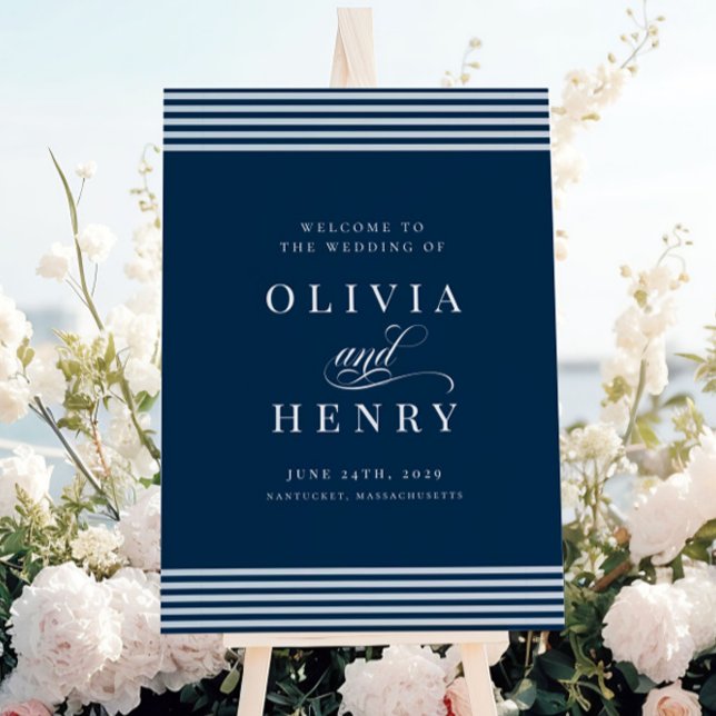 Elegantes Seaside Coastal Blue Stripe Hochzeitssym Poster (Von Creator hochgeladen)