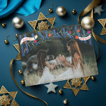 Elegantes Serif Hand Lettered Happy Hanukkah Foto Feiertagskarte<br><div class="desc">Elegante handgezeichnete Serife "hanukkah" mit Granatapfelaten und Blume mit "Happy" und "mit Liebe" in Bändern. Original Grafik von Becky Nimoy. Foto mit Höflichkeit</div>