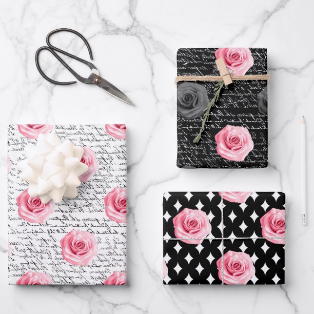 Elegantes Shabby Chic Rosa und schwarze Rose Strei Geschenkpapier Set (Vorderseite)