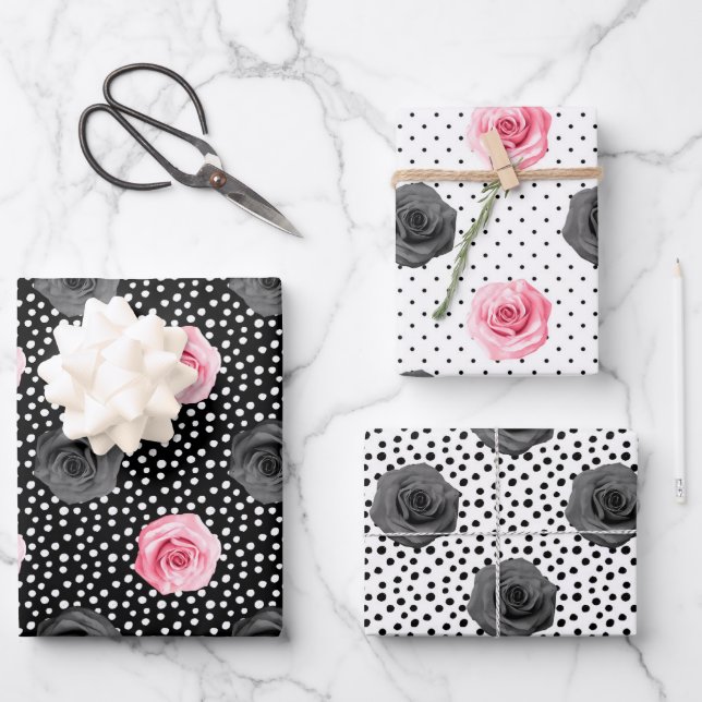 Elegantes Shabby Chic Rosa und schwarze Rose Strei Geschenkpapier Set (Vorderseite)