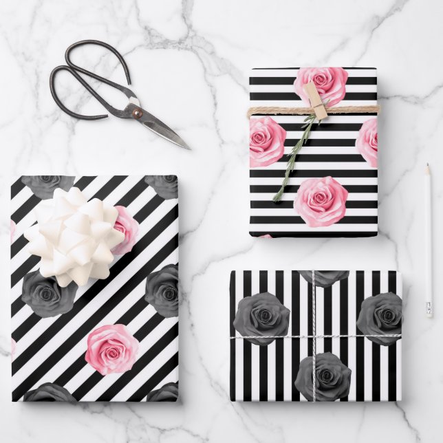 Elegantes Shabby Chic Rosa und schwarze Rose Strei Geschenkpapier Set (Vorderseite)