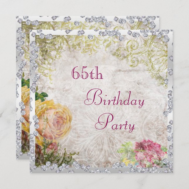 Elegantes Shabby Chic Rose & Diamonds 65. Geburtst Einladung (Vorne/Hinten)