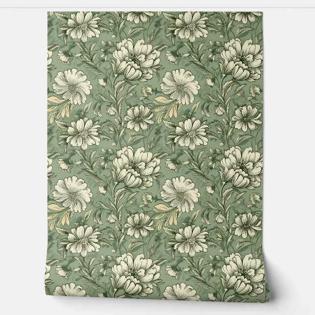 Elegantes Shabby Chic sage grün weiße Blume Tapete (Abrollen)