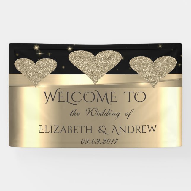 Elegantes Shiny Gold Glitzer Hearts Wedding Banner (Horizontal)