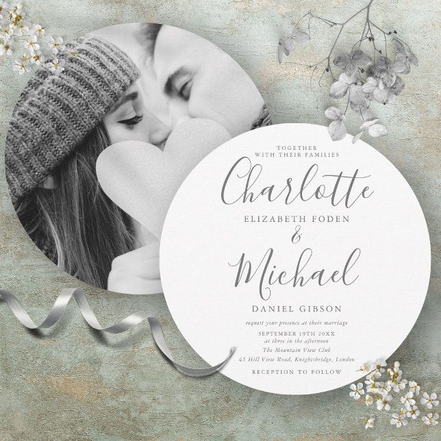 Elegantes Signature Circular Foto Hochzeit Einladung (Elegant Signature Circular Photo Wedding Invitation)