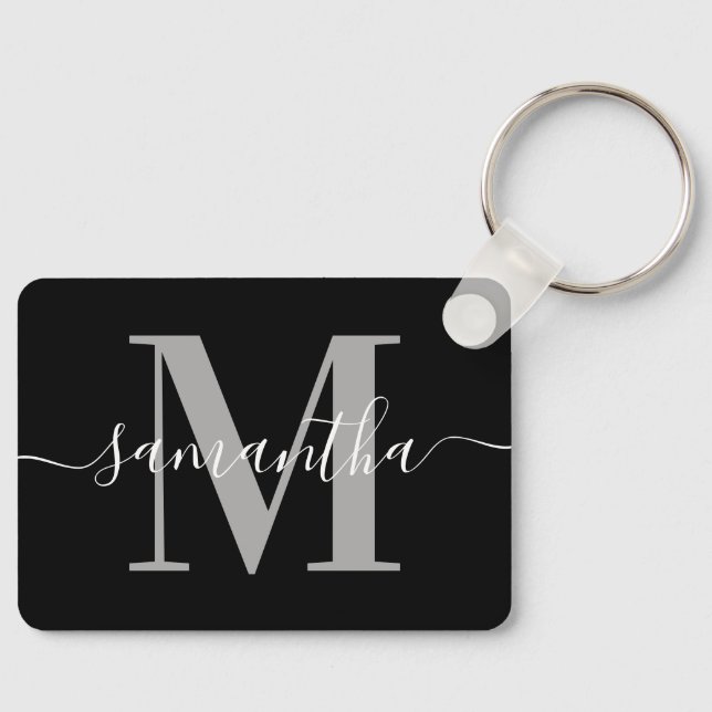Elegantes Signature Gray Modern Monogram Black Fot Schlüsselanhänger (Vorderseite)