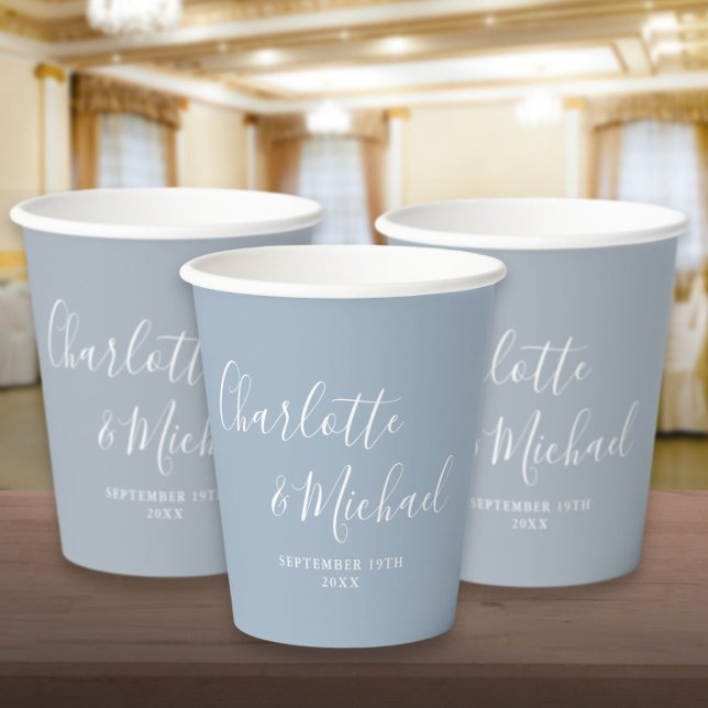 Elegantes Signature Script Dusty Blue Wedding Pappbecher (Elegant Signature Script Dusty Blue Wedding Paper Cups)