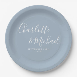 Elegantes Signature Script Dusty Blue Wedding Pappteller