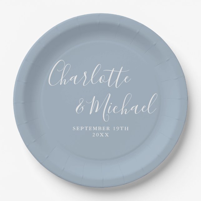 Elegantes Signature Script Dusty Blue Wedding Pappteller (Vorderseite)