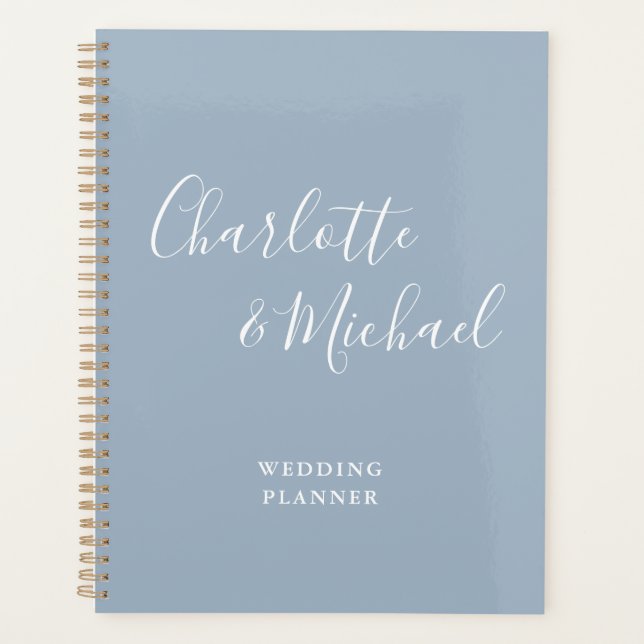 Elegantes Signature Script Dusty Blue Wedding Planer (Vorderseite)