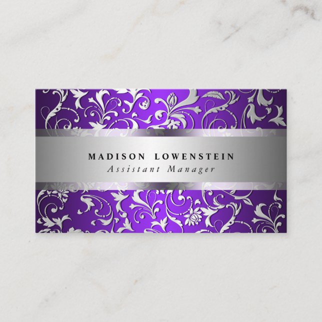 Elegantes Silber blühen das verzierte lila Muster Visitenkarte (Vorderseite)