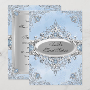 Elegantes Silber-Damask & Blaues Juwel Sweet Sixte Einladung