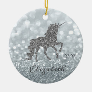 Elegantes Silber-Glitter-Einhorn-Bokeh Keramik Ornament