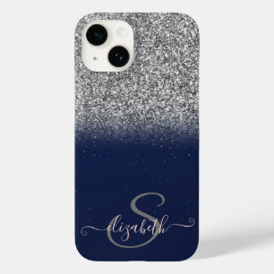 Elegantes Silber Glitter Ombre, Marineblau Monogra Case-Mate iPhone 14 Hülle