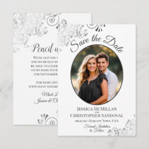 Elegantes Silber & Grau auf Weiß Oval Foto Hochzei Save The Date
