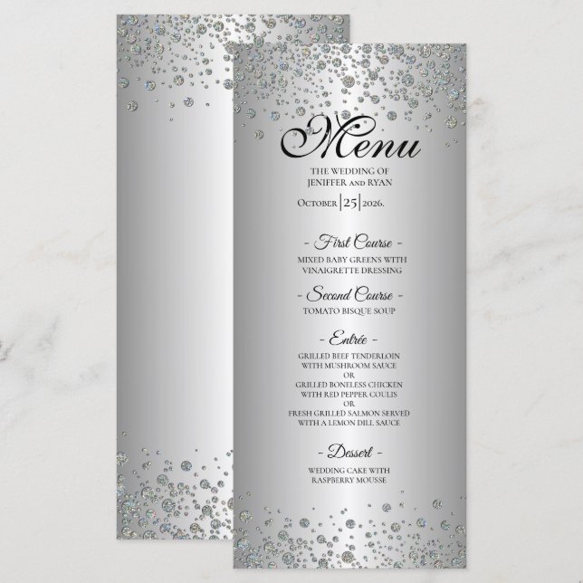 Elegantes Silber-Hochzeitsmenü Menükarte (Vorne/Hinten)