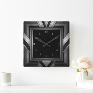 Elegantes Silber-Schwarz Art Deco Quadratische Wanduhr