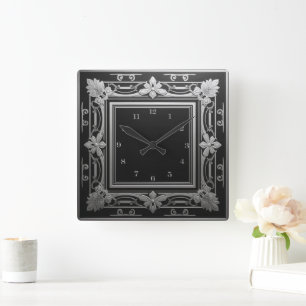 Elegantes Silber-Schwarz Art Deco Quadratische Wanduhr