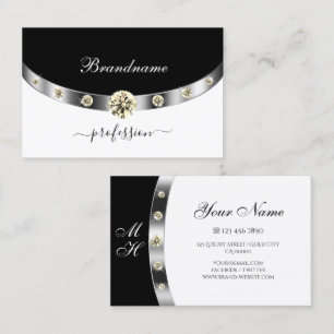 Elegantes Silber Schwarz Weiß Monogramm und Diaman Visitenkarte