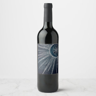 Elegantes Silber Sonne Mond Doodle Mandala Blaues  Weinetikett