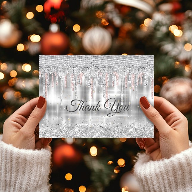 Elegantes Silber-Tropfen-Glitzer-Monogramm Dankeskarte (Von Creator hochgeladen)