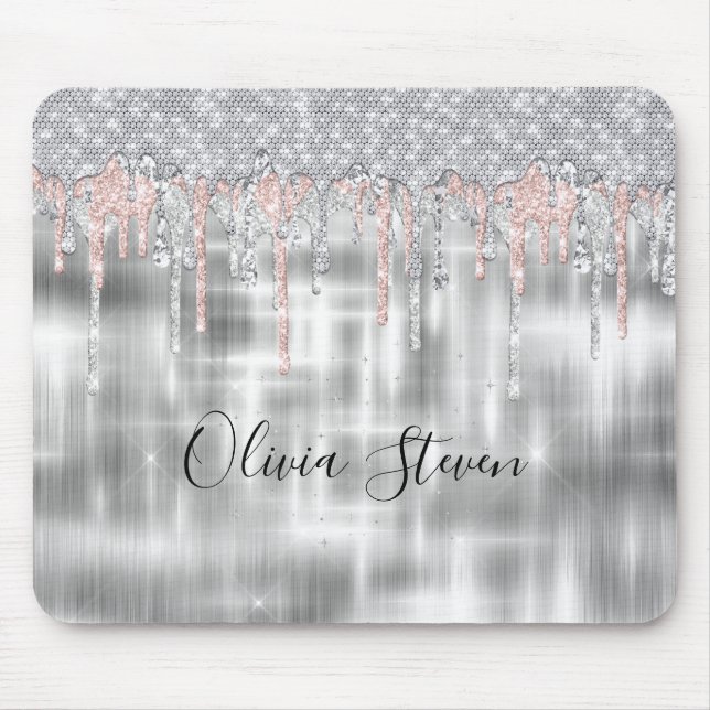 Elegantes Silber-Tropfen-Glitzer-Monogramm Mousepad (Vorne)
