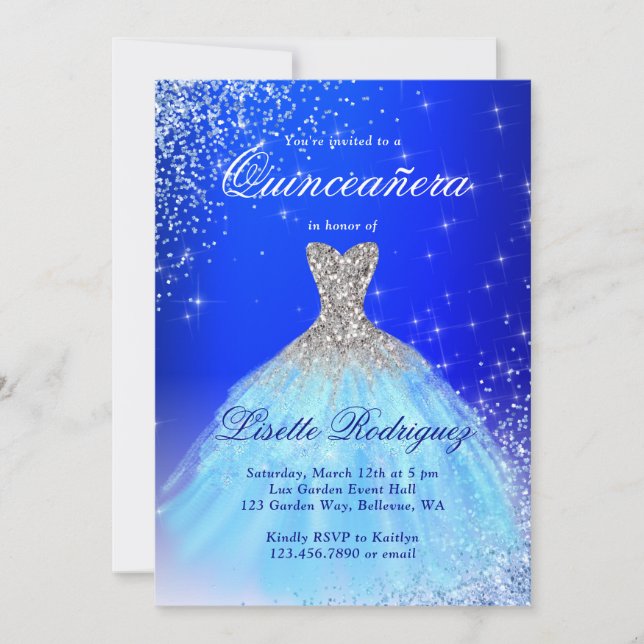 Elegantes Silber und blaues Quinceanera Einladung (Vorderseite)