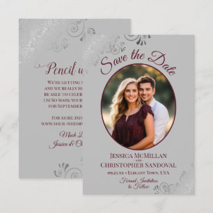 Elegantes Silber und Burgunderrot auf grauer Hochz Save The Date