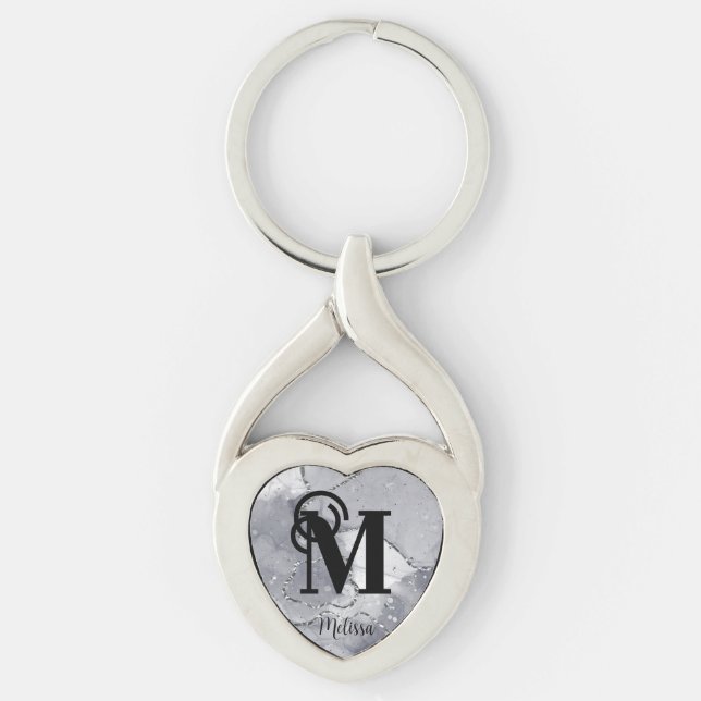 Elegantes Silber und Schwarzes Monogramm Schlüsselanhänger (Vorderseite)