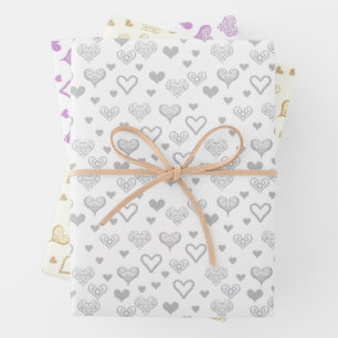 Elegantes, silbergelbes Vintages Herzmuster Geschenkpapier Set