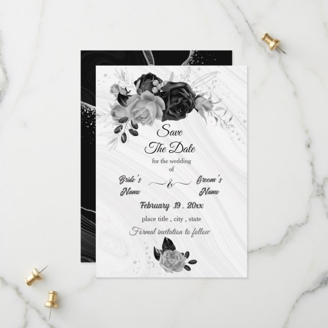elegantes silbergraues und schwarzes Blumenmuster Save The Date (Vorderseite/Rückseite Beispiel)
