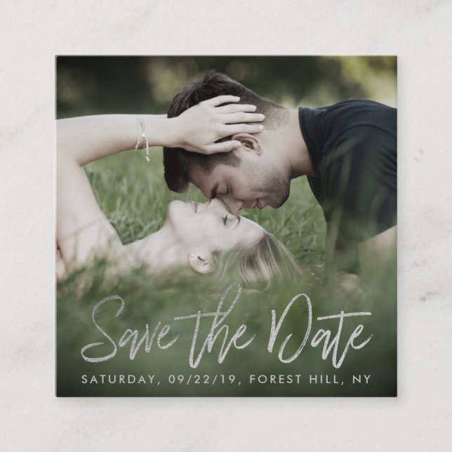 Elegantes silberne Folien-Skript-Foto Save the Begleitkarte (Vorderseite)