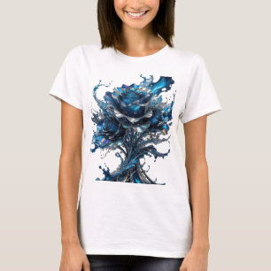 Elegantes Silbernes BLAUE ROSE Druckmuster T-Shirt