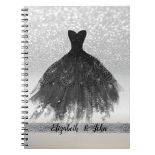 Elegantes silbernes Glitter-Bokeh, schwarzes Kleid Notizblock
