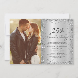 Elegantes silbernes Glitter-Foto zur 25. Hochzeits Einladung