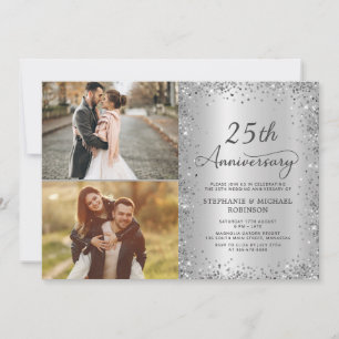 Elegantes silbernes Glitter-Foto zur 25. Hochzeits Einladung