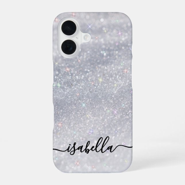 Elegantes silbernes Glitter-Script | Benutzerdefin iPhone 16 Hülle (Rückseite)
