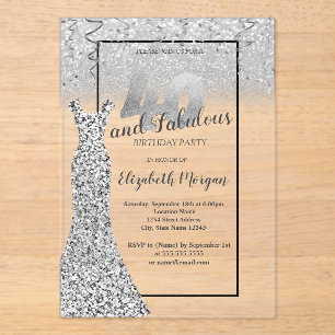 Elegantes silbernes Glitterkleid 40. Geburtstagsfe Acryleinladungen