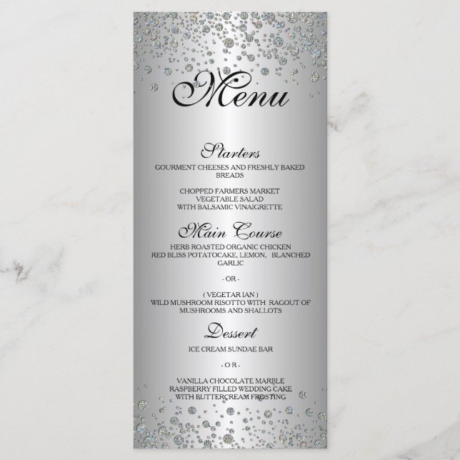Elegantes, silbernes Hochzeitmenü Menükarte (Vorderseite)