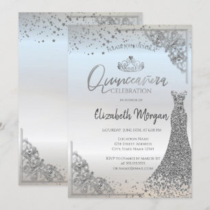 Elegantes silbernes Tiara-Kleid Sterne Quinceañera Einladung