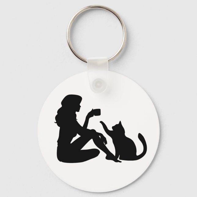 Elegantes Silhouette Art Girl mit einem KatzenSchl Schlüsselanhänger (Vorderseite)