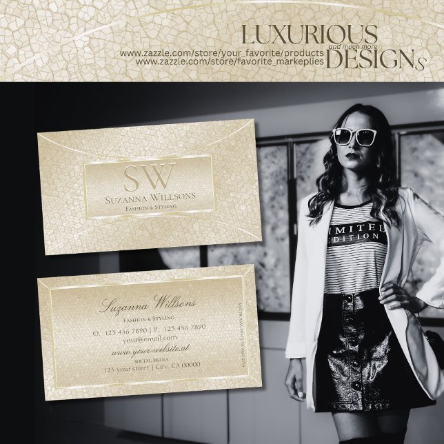 Elegantes Silk Cream Snake-Muster mit Monogramm Visitenkarte (Von Creator hochgeladen)