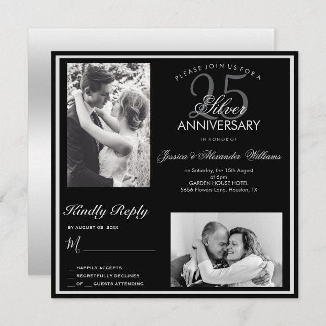 Elegantes Silver 25. Hochzeitstag Foto Einladung (Vorne/Hinten)