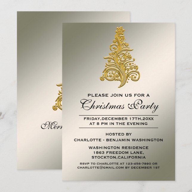 Elegantes Silver and Gold Christmas Tree Party Einladung (Vorne/Hinten)
